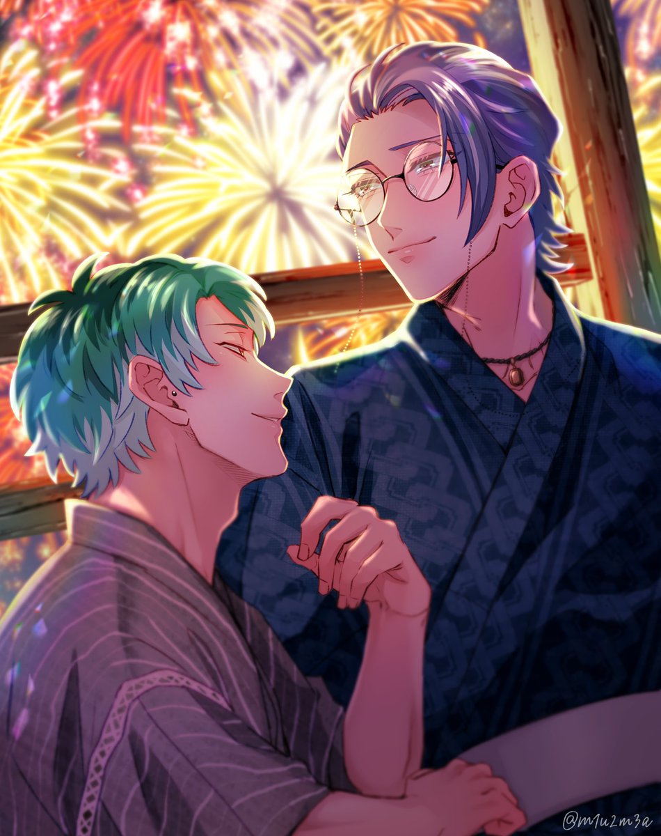 multiple boys 2boys fireworks male focus japanese clothes glasses kimono  illustration images