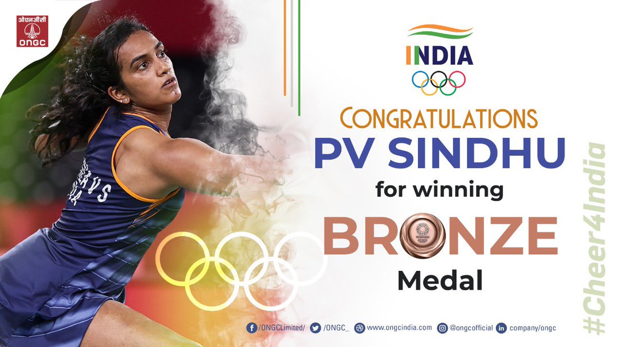 ONGC_'s tweet photo. #ONGC joins 1.35 billion Indians to congratulate @Pvsindhu1 for winning Bronze in Women’s Badminton 🏸 Singles at #TokyoOlympics2020, becoming 1st Indian woman to bag 2 #Olympics medals.
@PetroleumMin
@HardeepSPuri
@IndiaSportsHub
@ianuragthakur
@Media_SAI https://t.co/QT5rIPJ7fD