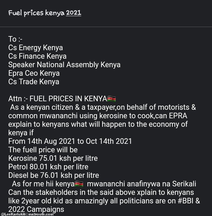 15:32 <a href="/EPRA_Ke/">Energy and Petroleum Regulatory Authority</a> <a href="/EREA_EA/">Energy Regulators Association of East Africa</a>
Its AUGUST 2021 kenyans (wanjiku) &amp; motorists need replies over fuel pump prices.   via <a href="/LeeKariuki6/">𝐋𝐞𝐞 𝐊𝐚𝐫𝐢𝐮𝐤𝐢 𝐌</a>