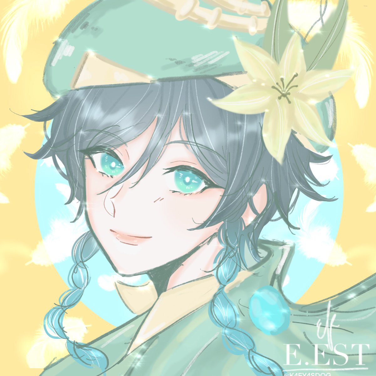 venti (genshin impact) solo male focus 1boy hat black hair flower gradient hair  illustration images