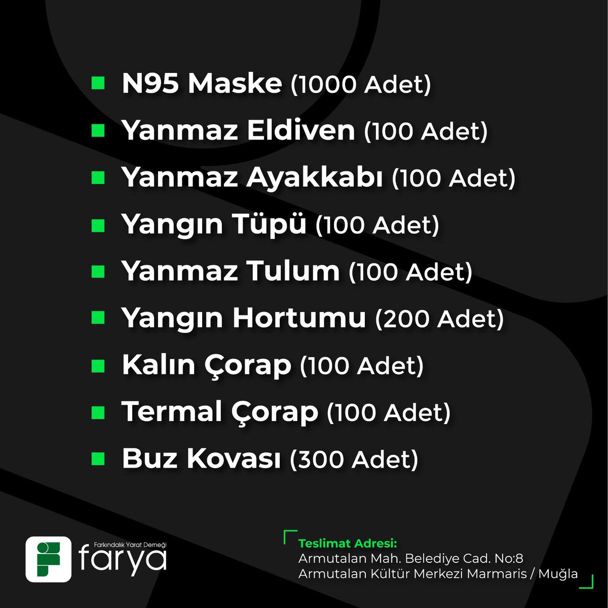 faryadernegi's tweet photo. Marmaris'te devam eden orman yangınları için ihtiyaç listesi yayınlandı!

Yardım merkezlerinde yığılma olmaması için ihtiyaçlar adet olarak paylaşılmaktadır. https://t.co/eHa5WqH4bO