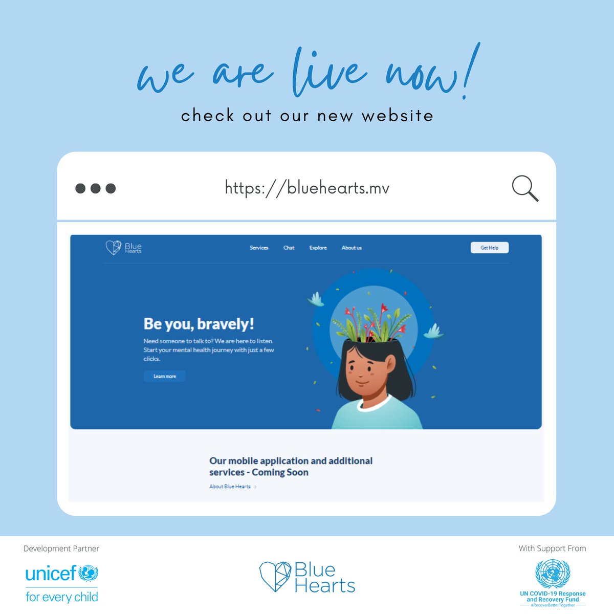 BlueHeartsMV's tweet photo. Our new website is live now!

Visit https://t.co/CgTfYqDJoG and chat with a trained first responder regarding your mental health concerns. 

We are online everyday from 18:00 to 22:00. 

#beyoubravely https://t.co/nZb2CKuTTv
