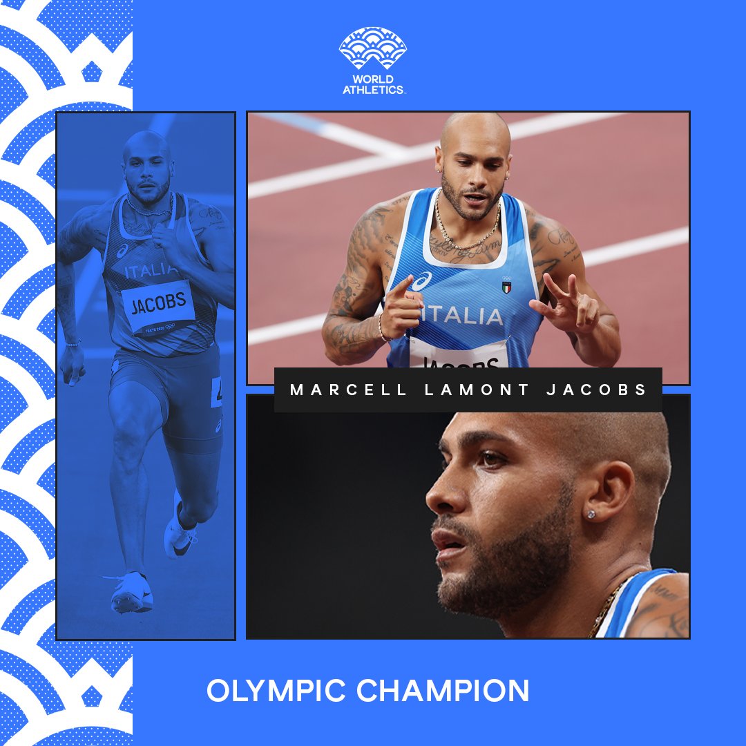 WorldAthletics's tweet photo. GRANDE JACOBS, GRANDE ITALIA 🇮🇹

Marcell Lamont Jacobs is the #Olympics 100m champion!

He breaks the European record, he set just earlier today in the semi finals with 9.80.

#athletics #Tokyo2020 https://t.co/FhDDpi2GqN