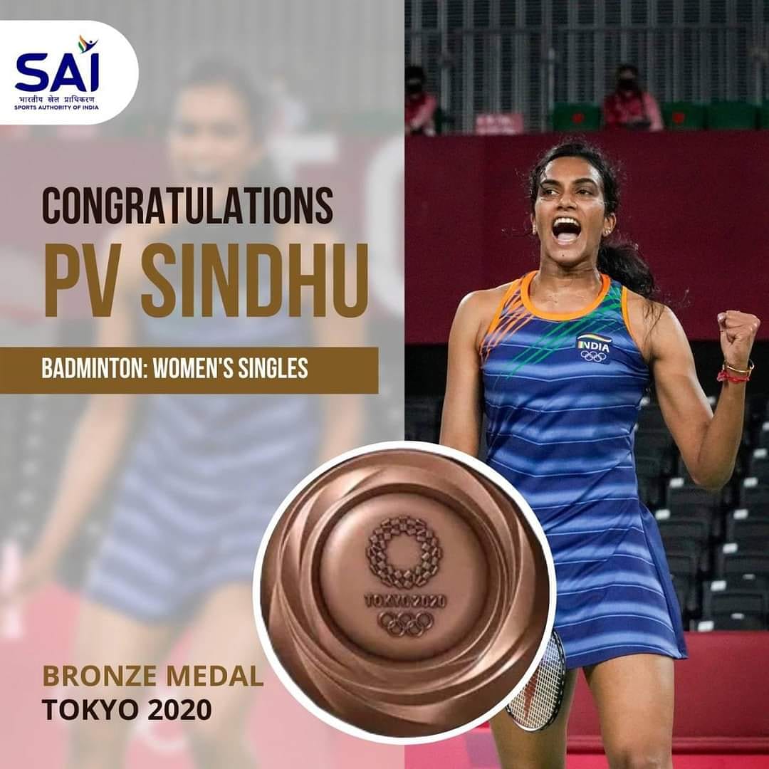 Congratulations .. 💐💐  In Tokio Olympics 2021 India shuttler <a href="/Pvsindhu1/">Pvsindhu</a> won the bronze medal in the Badminton Women's singles category by beating China's He Bingjiao 21-13,21-15. She becomes the #first_Indian_woman to win two individual Olympic medals..#PVSindhu 
#Tokyo2020