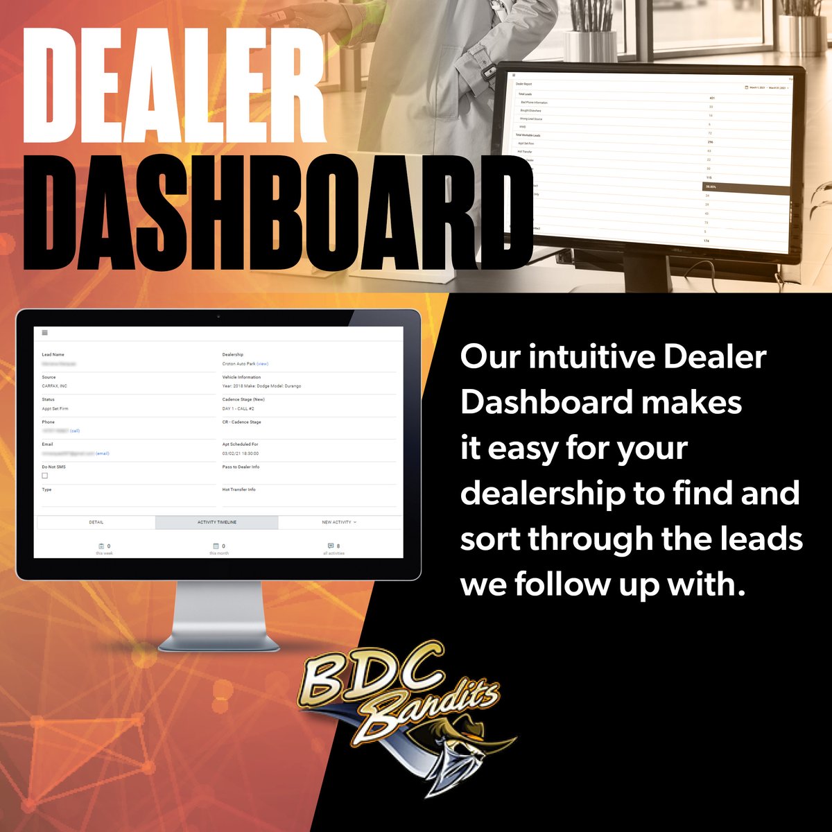 Our Dealer Dashboard will help you work with us side by side! See firsthand the leads we contact over 8️⃣0️⃣ TIMES, call us today 800-250-6512 or visit our website BDCBandits.com #BDC #BDCHelp