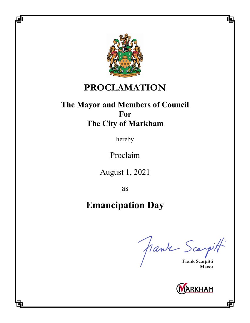 The City of #Markham is proud to recognize #EmancipationDay. This day serves as an important reminder that to build a world free of racism we must always stand together in solidarity and in respect.

#WeAreMarkham #EndRacism