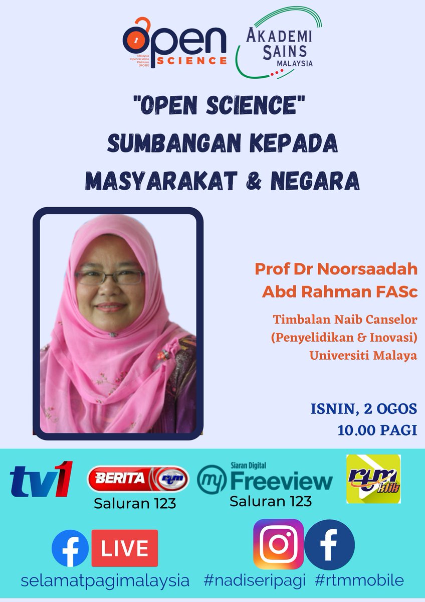 MOSP_Malaysia's tweet photo. Jangan lupa saksikan Program Selamat Pagi Malaysia di saluran RTM 1 pada 2 Ogos 2021 (Isnin, Jam 10 Pagi) untuk mengetahui lebih lanjut mengenai โOpen Scienceโ dan sumbangannya kepada masyarakat serta negara #selamatpagimalaysia #NadiSeriPagi #RTMMobile #OpenScience https://t.co/uKBWHBisHj