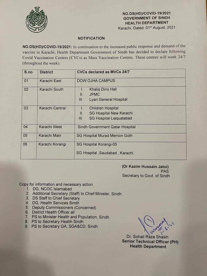 Khi_Alerts's tweet photo. بریکنگ: محکمہ صحت سندھ نے کراچی کے 6 اضلاع میں قائم ویکسینیشن سینٹرز کو 24 گھنٹے کھلے رکھنے کا نوٹیفکیشن جاری کردیا۔ https://t.co/FZcBqKQQzt
