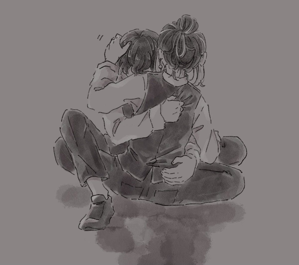 monochrome hand on another's back greyscale single hair bun pants sitting vest  illustration images