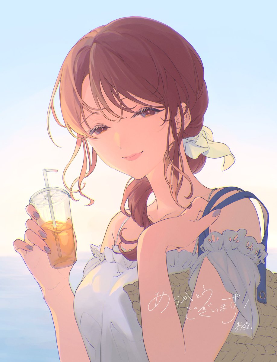 1girl solo brown hair cup brown eyes holding drinking straw  illustration images
