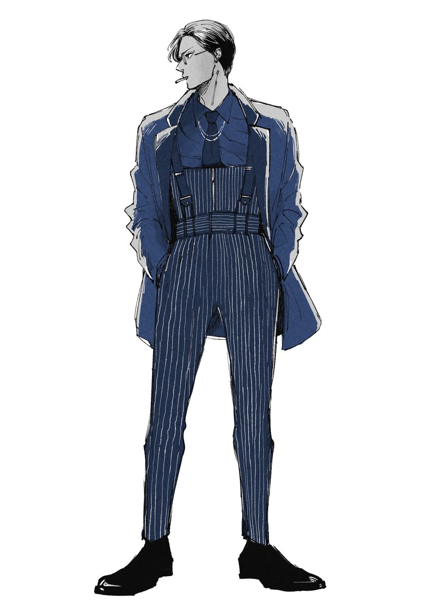 1boy male focus solo hands in pockets pinstripe pattern full body shirt  illustration images