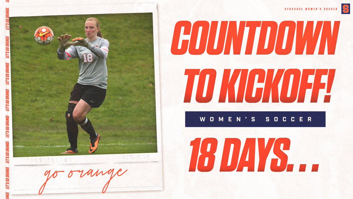 CuseWSOC's tweet photo. Based on Courtney Brosnan's jersey number from her time at Syracuse, there's just 18 days until our first game! #CuseFamily #CuseKickCountdown https://t.co/TWLlVQXRxr