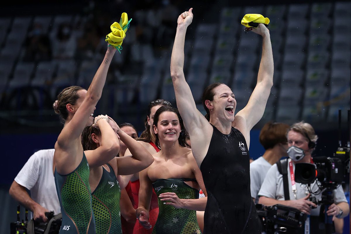 #Australia set an Olympic record to win the women's #4x100 meter medley relay, the country's second #gold medal Sunday morning after #EmmaMcKeon took the top prize in the 50 meter freestyle. #TeamUSA took #silver, #Canada won #bronze. #Tokyo2020 #Olympics #Swimming