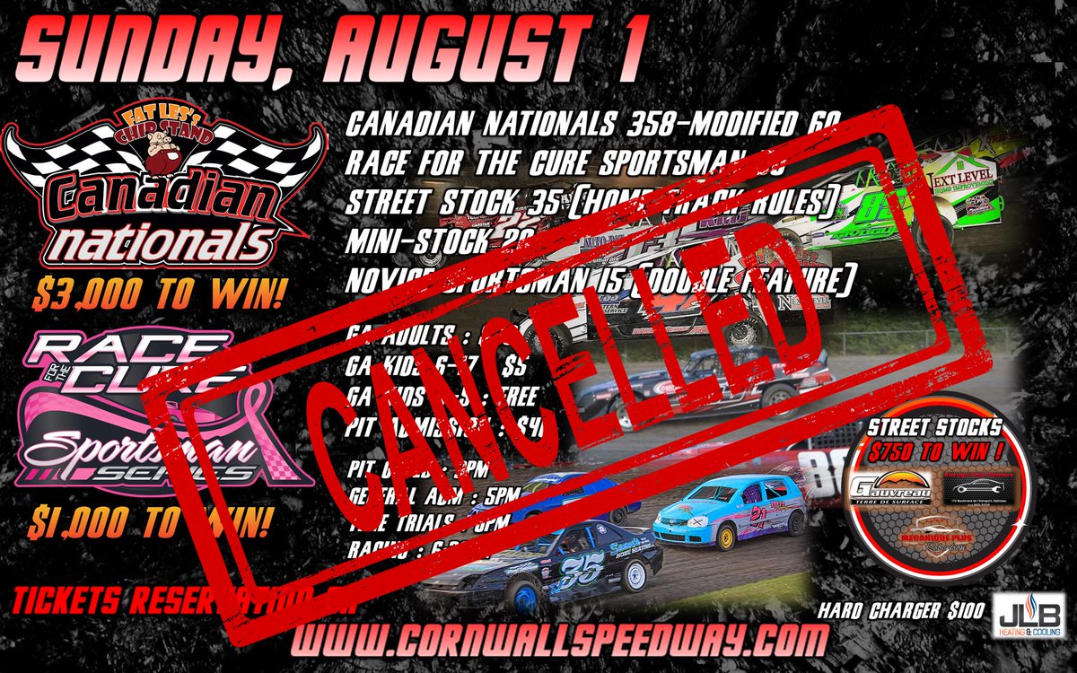 Cornwall Speedway (@cms_speedway) on Twitter photo Tonight’s program is canceled due to inclement weather. We are working on remake dates for Canadian Nationals, Race for the Cure Series and the Street Stock event Tonight’s program is canceled due to inclement weather. We are working on remake dates for Canadian Nationals, Race for the Cure Series and the Street Stock event