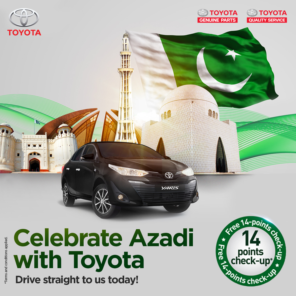 ToyotaPak's tweet image. This August, Toyota brings you FREE 14 points vehicle inspection to celebrate the spirit of Azadi. 

Visit any Toyota Authorized Dealership to avail our Azadi Offer and give your car the treatment it needs.

Terms and conditions apply

#AzadiOffer #Toyota