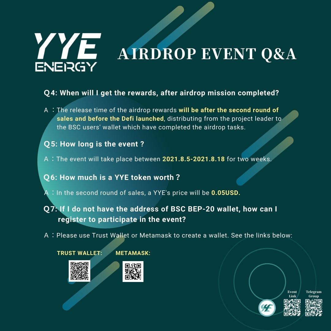 YYG_Energy's tweet photo. We got lots of users asking about Airdrop events, the YYE team has therefore collected main questions you may need. 💁🏻‍♀️
🤩Don’t forget to attend the airdrop event on 8/5

#Airdrop #Announcement #Cryptocurrency #BTC #ETH #BNB #Bounty #Sale #Presale #Info #YYE https://t.co/CATfAm4sIE