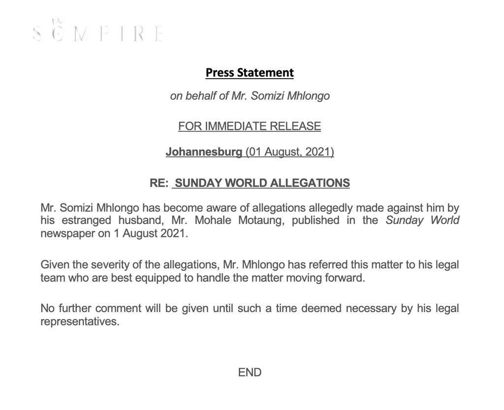 PhilMphela's tweet photo. STATEMENT: 

TV personality Somizi Mhlongo has released a statement regarding the article and accusations made in today’s edition of Sunday World. 

Read below … https://t.co/Ha3z7ht4UM