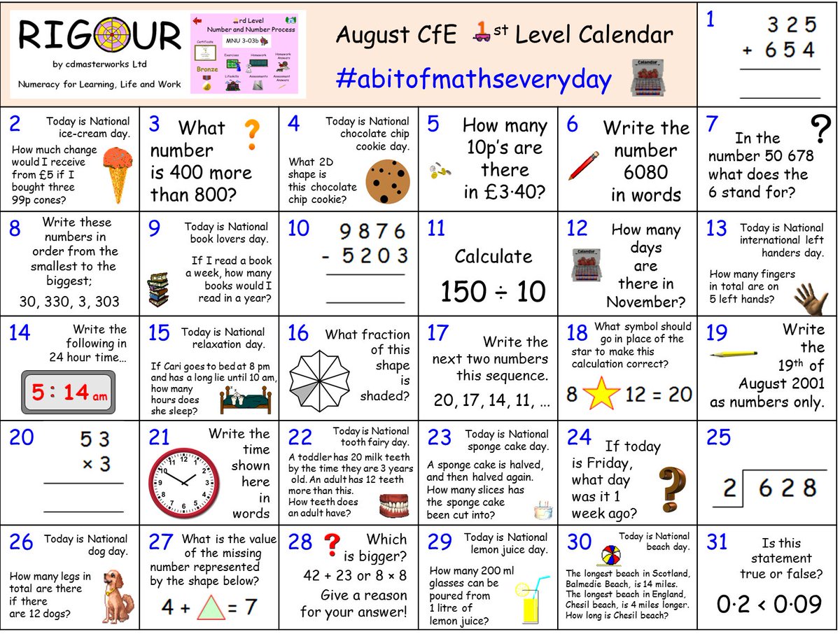 RigourMaths's tweet photo. **CALLING ALL BGE Pupils** Do you want to consolidate your CfE 1st Level Numeracy/Maths skills before you return to school? If so, try our August Calendar! Download this calendar and view the answers here; https://t.co/8ztKXov2Rh #abitofmathseveryday #littleandoften 🥉🥈🥇🎯📅 https://t.co/GQyrxT0poG