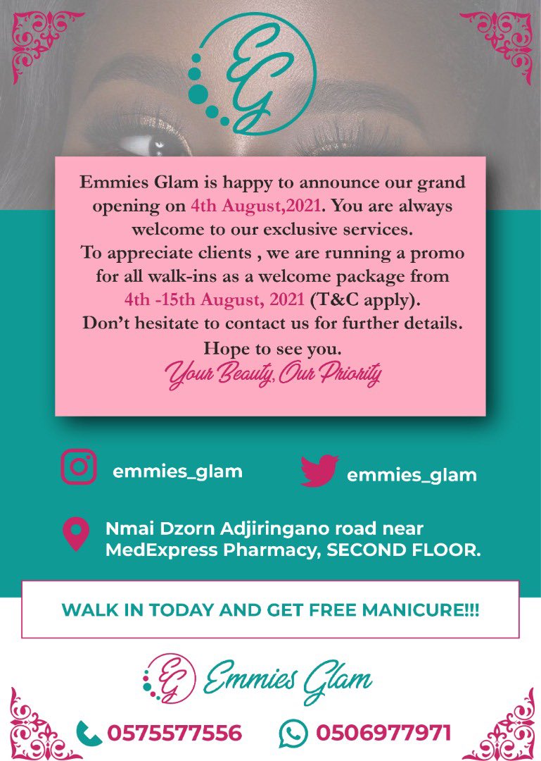 Hey guys,our first giveaway is here
1.Must be following us
2. Quote this tweet and #emmiesglam 
 Top 2 most Retweets get 50ghc gift voucher each.
Two lucky random peeps also get 50ghc gift voucher each