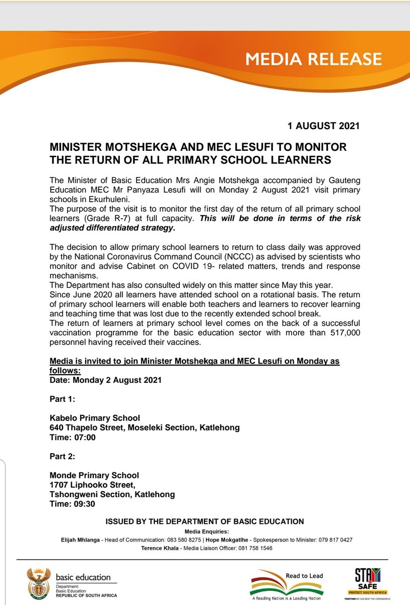 Back To School 🚨

The grade Rs and 7s are back in school full time from Monday the 2nd of August 🚨🏫

#BacktoSchool2021 <a href="/DBE_SA/">Dep. Basic Education</a> <a href="/ElijahMhlanga/">Elijah Mhlanga</a>