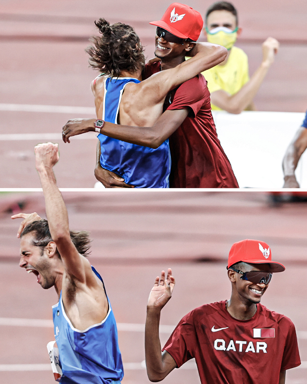 espn's tweet photo. The moment when Gianmarco Tamberi and Muta Essa Barshim agreed to share the gold medal after tying in the men's high jump ❤️ https://t.co/9BLJeo83I0