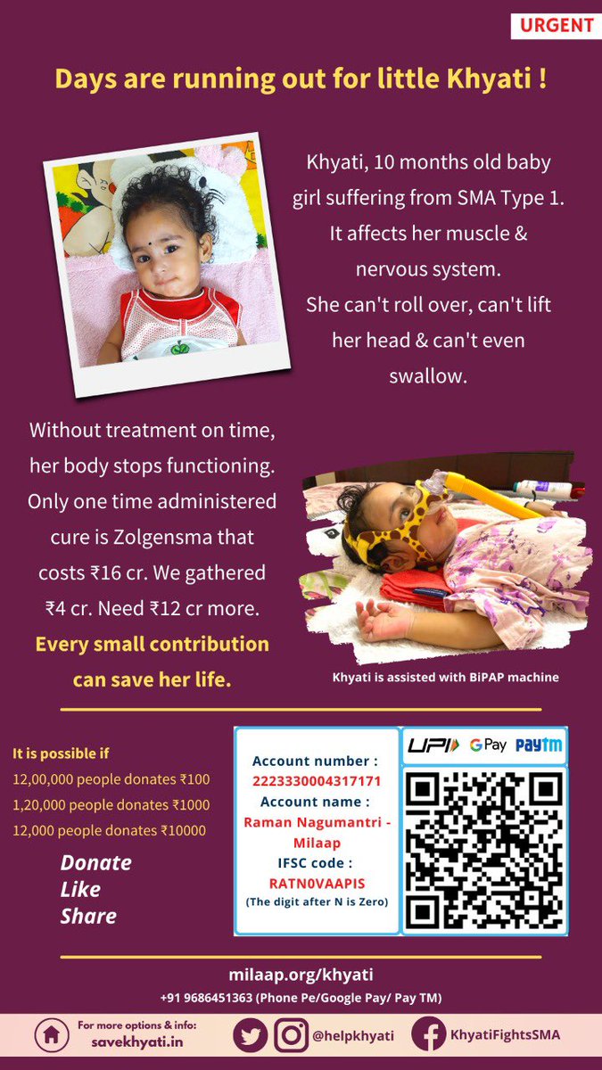 ANKUBAKSHI's tweet photo. #Khyati needs a Novartis drug worth 16 Crores to fight #SMA. 
            Till date 4.1Cr has been raised, she needs 11.9Cr more.
Together we can raise this amount so pls #DonateForKhyati 
#SaveKhyati @RareDiseases
Donation - https://t.co/HxRNstTfFu https://t.co/FJQon7fT8R