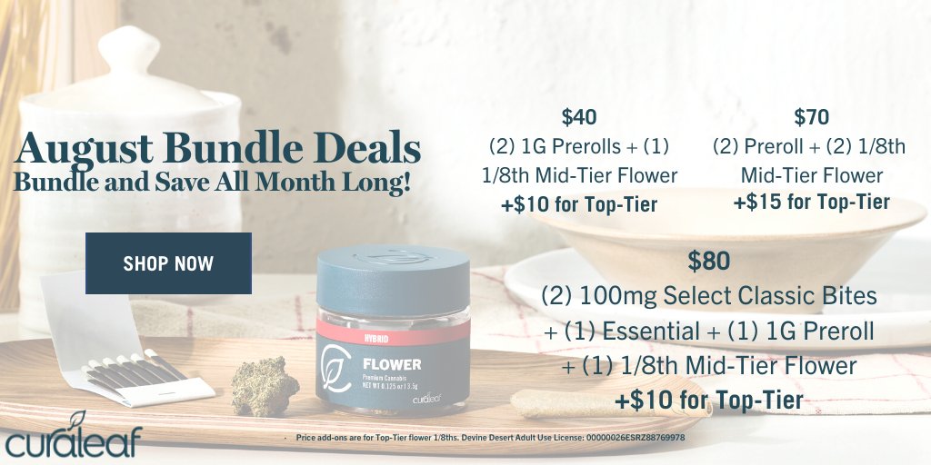 Beat the heat this month with our August Bundle Deals! Bundle and save all month long on Pre-Rolls, 1/8th's of Flower, Select Gummies &amp; Essential Cartridges.

Grab a August Bundle Deal here⬇️
curaleaf.com/locations/ariz…

Devine Desert Adult Use License: 00000026ESRZ88769978