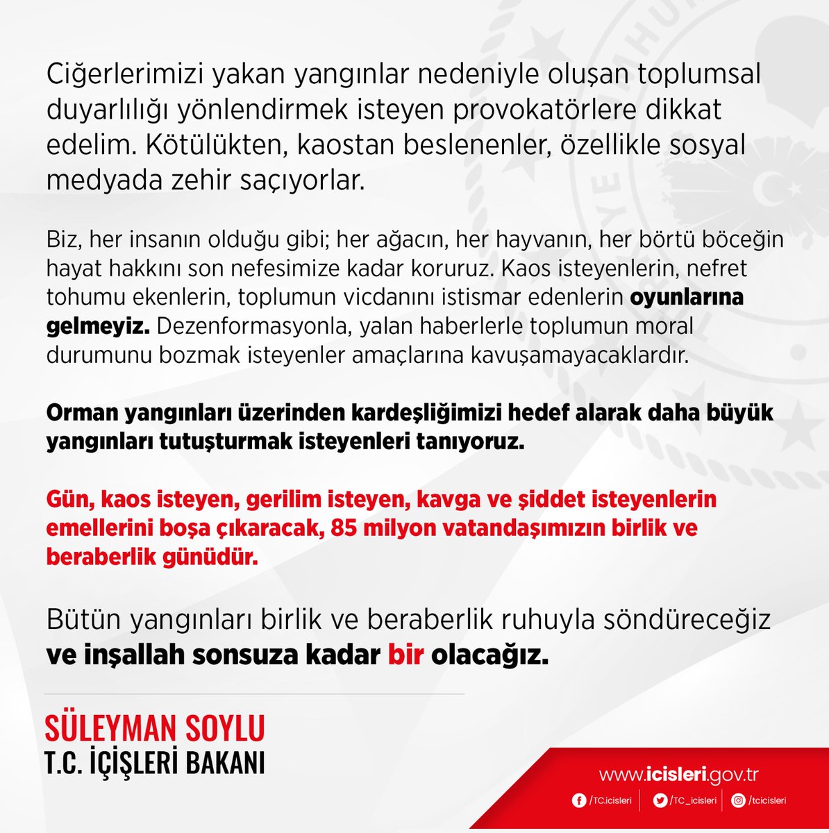 Ciğerlerimizi yakan yangınlar nedeniyle oluşan toplumsal duyarlılığı yönlendirmek isteyen provokatörlere dikkat edelim.

Kötülükten, kaostan beslenenler, özellikle sosyal medyada zehir saçıyorlar ⬇️