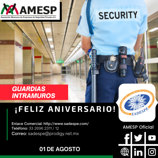 AMESP_oficial's tweet photo. La #AMESP se complace en felicitar a su Asociado Adherente #SADESPE hoy en su Aniversario.
Uno de los servicios que presta es el de "Guardias Intramuros"
#Felicidades
#SoyAMESP
#TodosSomosAMESP #FuerzaAMESP #UnidosPorUnMéxicoSeguro #126EmpresasAMESP https://t.co/sMSn5Q8f9K