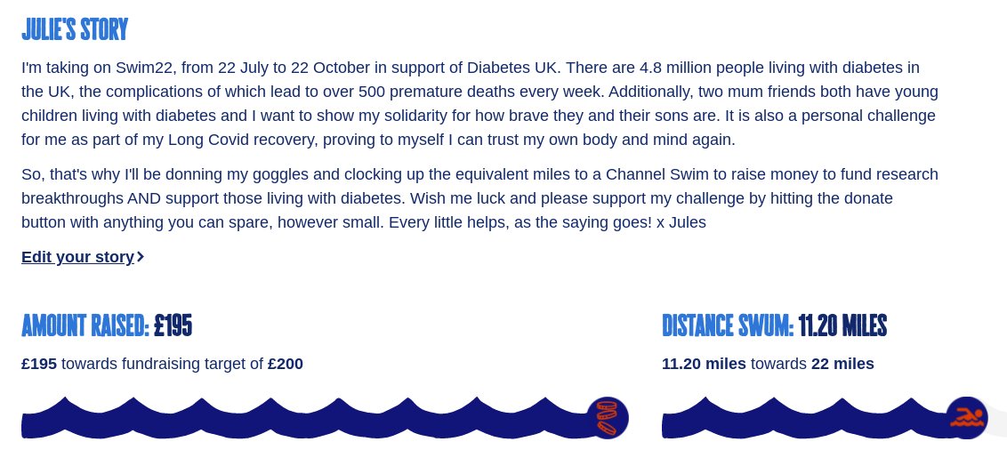 learningpowered's tweet image. Proud to announce I&apos;ve passed 1/2 way (11miles). Feeling chuffed &amp;amp; 💓 sea-swimming, but must admit to being 😴 too!
👍🤗  to everyone donating. It means a lot personally, but overall funds raised will help a brilliant, family charity. #swim22 #diabetesuk #LongCovid