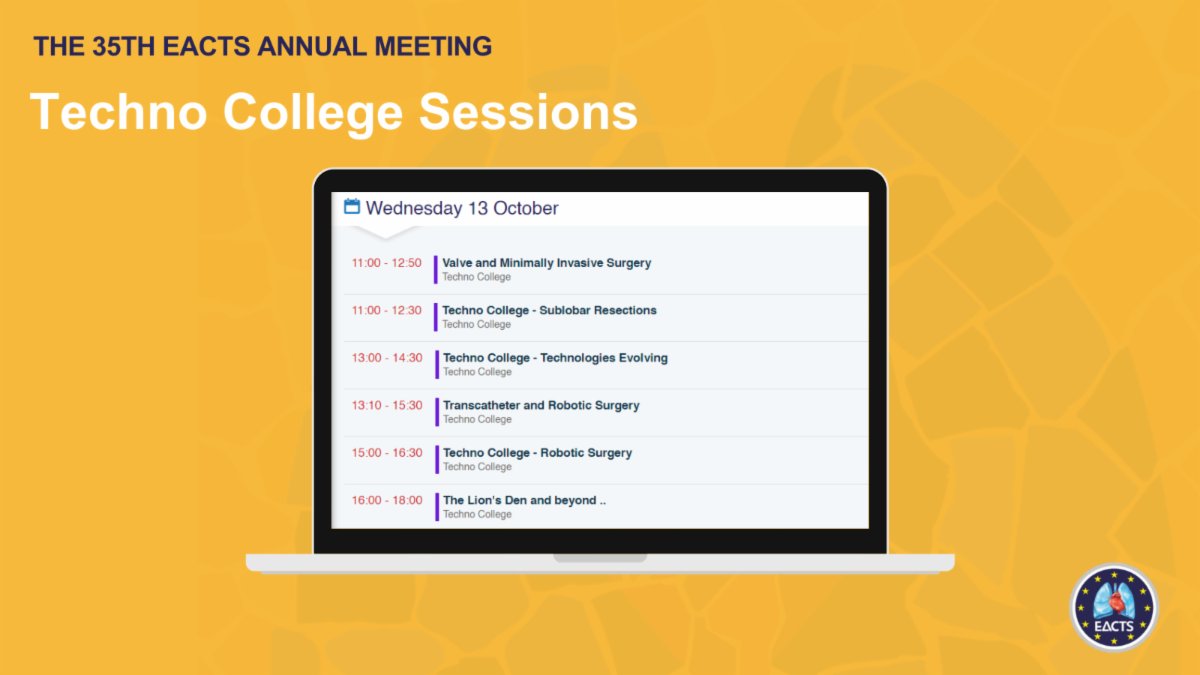 EACTS's tweet photo. Are you joining us for the Techno College sessions on Wednesday 13th October, kickstarting the 35th EACTS Annual Meeting? 🙌 

Find out more and book your place 👇 
https://t.co/1BBb45DguD 
__ 
#EACTS2021 #TechoCollege https://t.co/NHc3EYrJnl