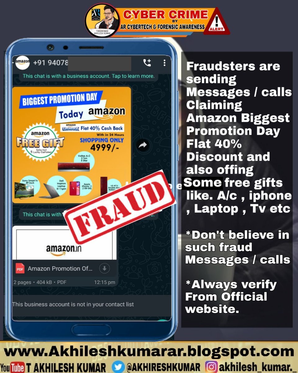 T_AKHILESHKUMAR's tweet photo. Fraudsters are sending messages / calls claiming @amazon biggest promotion day flat 40% discount and also offering some free gifts like TV, AC, laptop #BeAware #Besecure @amazonIN #cybeesecurity #cybernews #Amazon #india https://t.co/mmzQmlN9jN