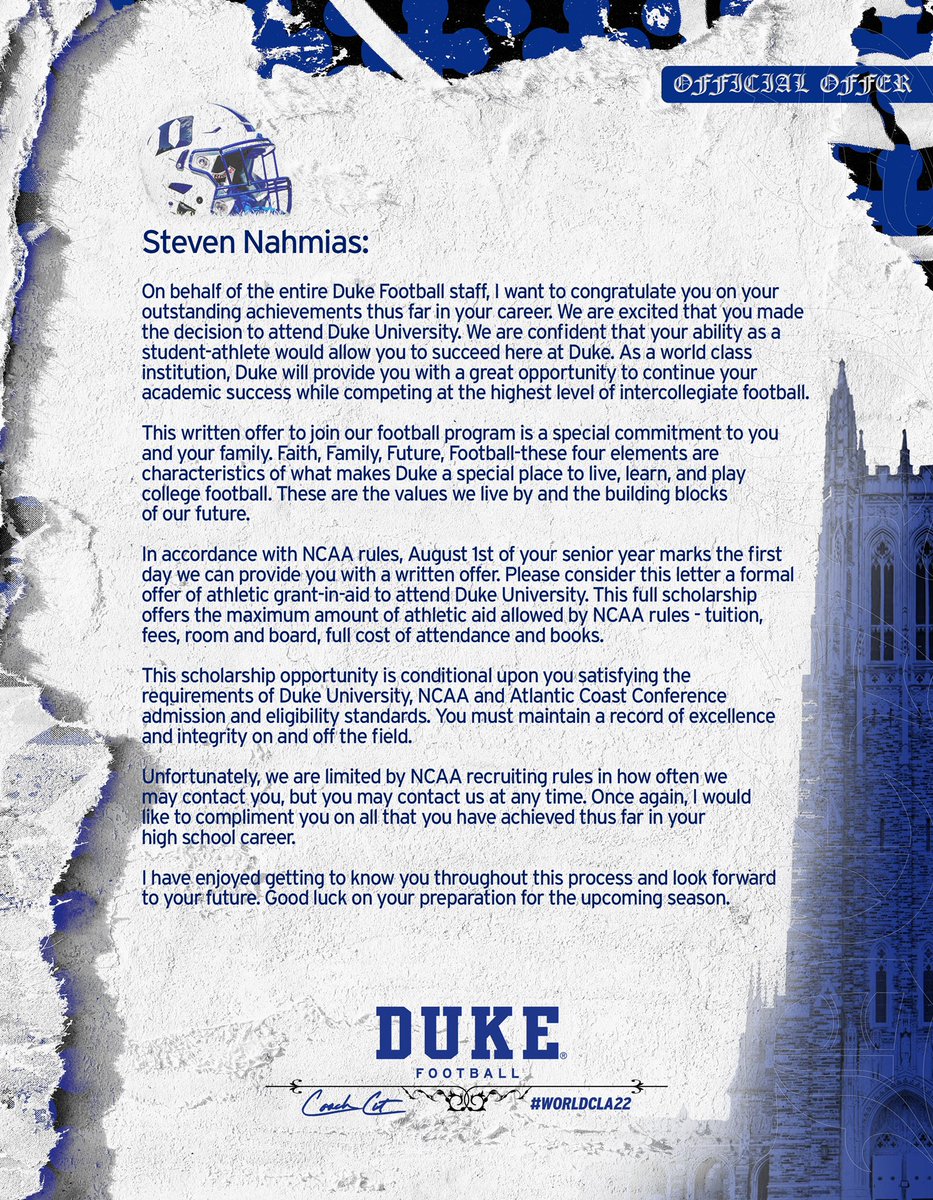 Blessed to receive an official offer!! <a href="/DavidCutcliffe/">DAVID CUTCLIFFE</a> <a href="/Coach_G_Frey/">Greg Frey</a> <a href="/DukeFOOTBALL/">Duke Football</a> 🔵⚪️