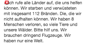 Ece Zaim'in Instagram'da farklı dillerde başlattığı yardım mesajı. 
#havadanmüdahaleistiyoruz #helpTurkey