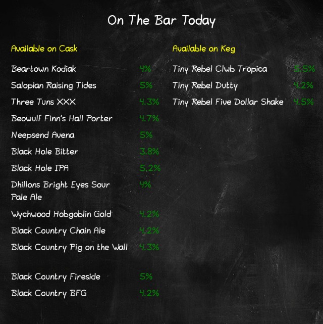 Black Country Arms (@bcawalsall) on Twitter photo On the bar today!
Beer Board: bit.ly/2YCnUsr
<a href="/BeartownBrewery/">Beartown Brewery</a> <a href="/SalopianBrewery/">Salopian Brewery</a> <a href="/ThreeTunsBrewer/">Three Tuns Brewery</a> @BeowulfBrewing <a href="/NeepsendBrewCo/">Neepsend Brew Co</a> <a href="/blackholeales/">BLACK HOLE BREWERY</a> <a href="/BCA_RealAle/">Black Country Ales</a> <a href="/WalsallCAMRA/">Walsall CAMRA</a>
#RealAleFinder On the bar today!
Beer Board: bit.ly/2YCnUsr
<a href="/BeartownBrewery/">Beartown Brewery</a> <a href="/SalopianBrewery/">Salopian Brewery</a> <a href="/ThreeTunsBrewer/">Three Tuns Brewery</a> @BeowulfBrewing <a href="/NeepsendBrewCo/">Neepsend Brew Co</a> <a href="/blackholeales/">BLACK HOLE BREWERY</a> <a href="/BCA_RealAle/">Black Country Ales</a> <a href="/WalsallCAMRA/">Walsall CAMRA</a>
#RealAleFinder
