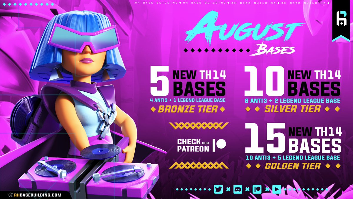 🔥New TH14 Bases - August

⚒️15x Fresh TH14 Bases are LIVE on our Patreon as part of our:
💎Bronze, Silver &amp; Gold tiers

🎁One lucky winner will get a subscription to our highest tier, worth $150!

🔁Retweet &amp; tag 2x friends to enter!

💥GET YOURS TODAY!
🔗patreon.com/rhbasebuilding