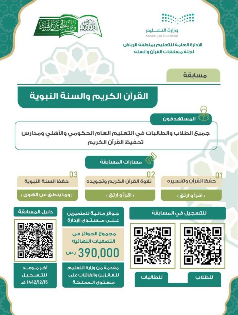 انطلقت اليوم التصفيات الأولية لمسابقة
( اقرأ وارتق ) ومسابقة (وماينطق عن الهوى ) على مستوى #تعليم_الرياض ضمن برنامج #نشاطي لصيف  1442هـ ، بمشاركة 1429 طالباً وطالبة.