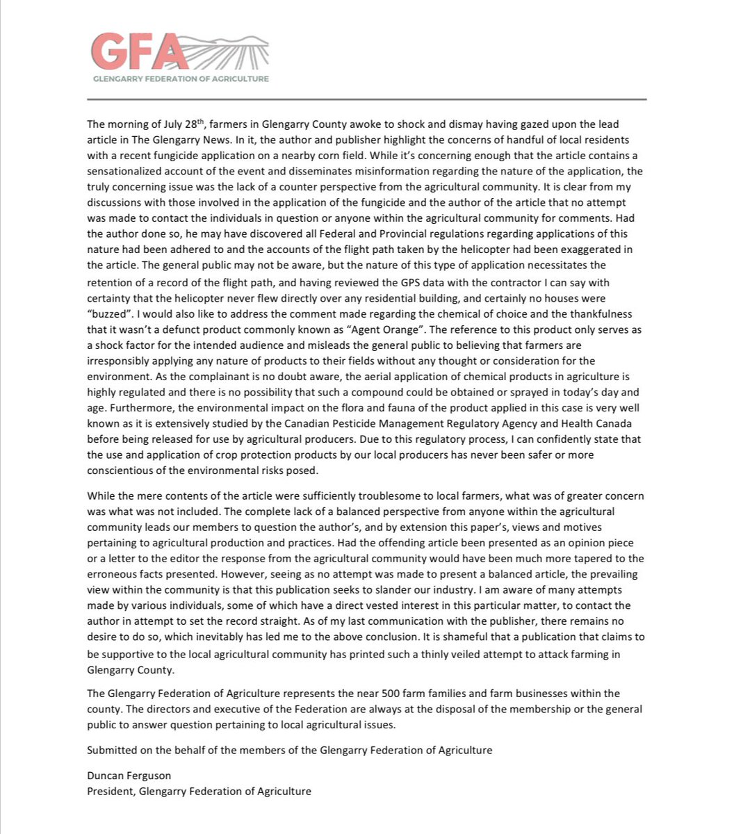 Update regarding the recent article in the Glengarry News. Below I have included the Letter to the Editor that the GFA will attempt to have published. 

We have also been contacted by other news outlets and have lodged a formal complaint with the National News Media Council