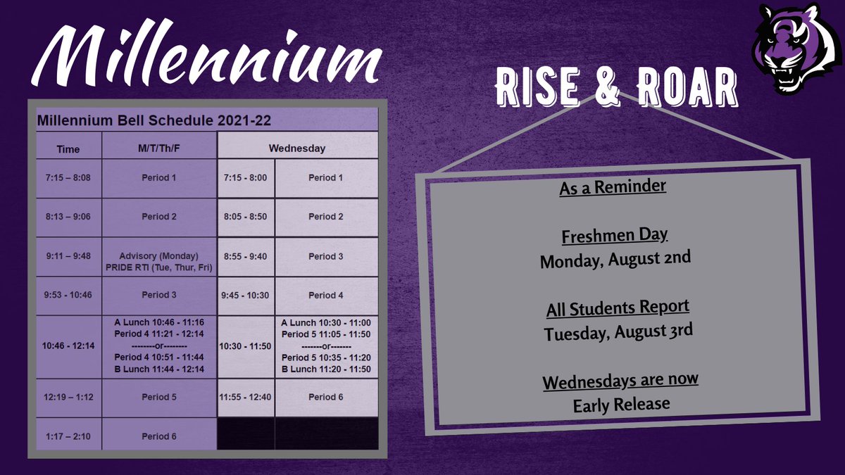 School begins for freshmen only on Monday, August 2nd with everyone reporting back on Tuesday, August 3rd! As a reminder Wednesdays are now Early Release Day; with the school day ending at 12:40 PM. #MHS #ThisIsMillennium #letshearyourroar #MHSbelievesinyou #backtoschool #AFUHSD