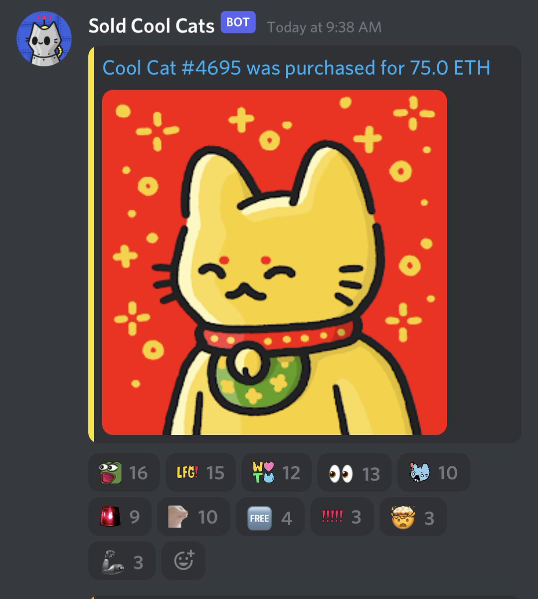coolcats's tweet photo. Lucky Cat just sold for 75 ETH 🤯🤯🤯 https://t.co/txc78w9Ylw