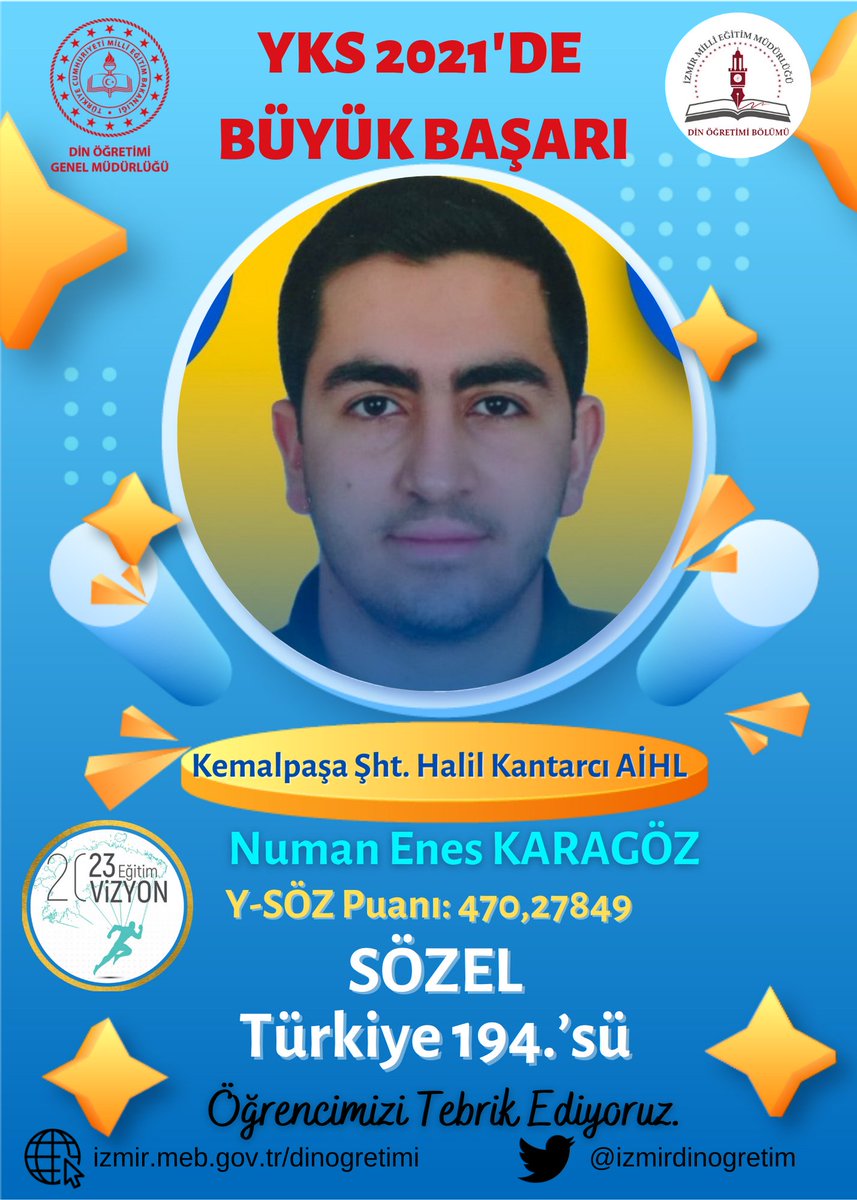 Kemalpaşa Şht. Halil Kantarcı Anadolu İHL Öğrencimiz Numan Enes KARAGÖZ 2021 YKS'de, Sözel'de Türkiye 194.'sü olmuştur. Okulumuzu ve öğrencimizi tebrik eder, başarılar dileriz.
<a href="/yilmaznazif/">Nazif Yılmaz</a> <a href="/yahsiomer/">Dr. Ömer YAHŞİ</a> <a href="/meb_dinogretimi/">MEB Din Öğretimi Genel Müdürlüğü</a> <a href="/izmir_ilmem/">İzmir İl Milli Eğitim Müdürlüğü</a>