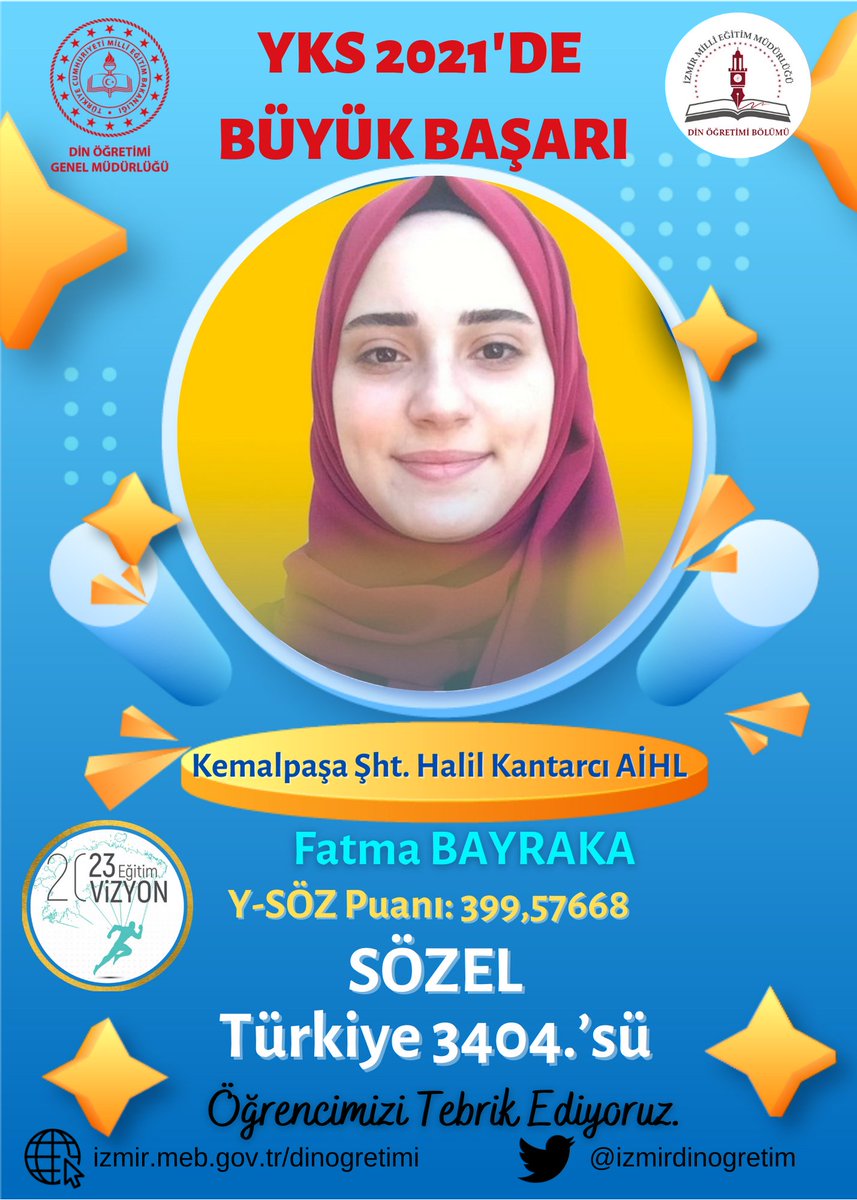 Kemalpaşa Şht. Halil Kantarcı Anadolu İHL Öğrencimiz Fatma BAYKARA 2021 YKS'de, Sözel'de Türkiye 3404.'sü olmuştur. Okulumuzu ve öğrencimizi tebrik eder, başarılar dileriz.
<a href="/yilmaznazif/">Nazif Yılmaz</a> <a href="/yahsiomer/">Dr. Ömer YAHŞİ</a> <a href="/meb_dinogretimi/">MEB Din Öğretimi Genel Müdürlüğü</a> <a href="/izmir_ilmem/">İzmir İl Milli Eğitim Müdürlüğü</a>