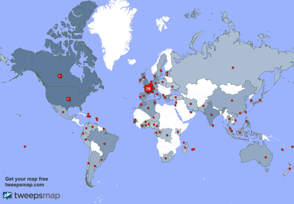 J'ai 2 nouveaux abonnés, de France 🇫🇷 la semaine dernière. Voir tweepsmap.com/!henrikaufman