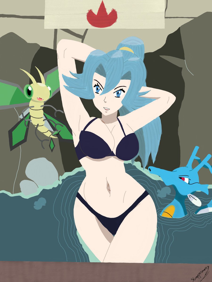 Kreepperman's tweet photo. Nouvelle Poké-création : Sandra, la championne Dragon de Johto en vacances à Hoenn, se baigne dans la source chaude de Vermilava avec ses Pokémon 🐉👙😏.

#pokemon #sourcechaude #sandrapokemon #hyporoi #vibraninf #pokewaifu https://t.co/YMDCGMFSqn