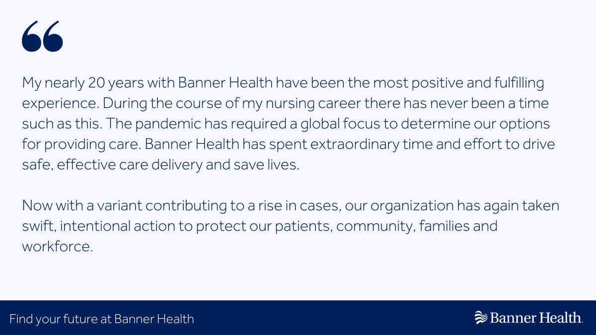 BannerHealth's tweet photo. βIt is incredible to work for a health care system that has kept staff safety at the forefront of decision-making throughout. I am grateful for our leadership and the opportunity to be #BannerStrong."
Interested in a nursing career at Banner? Click here: https://t.co/2cc58Xv8KO https://t.co/sLDeyTqGJ6