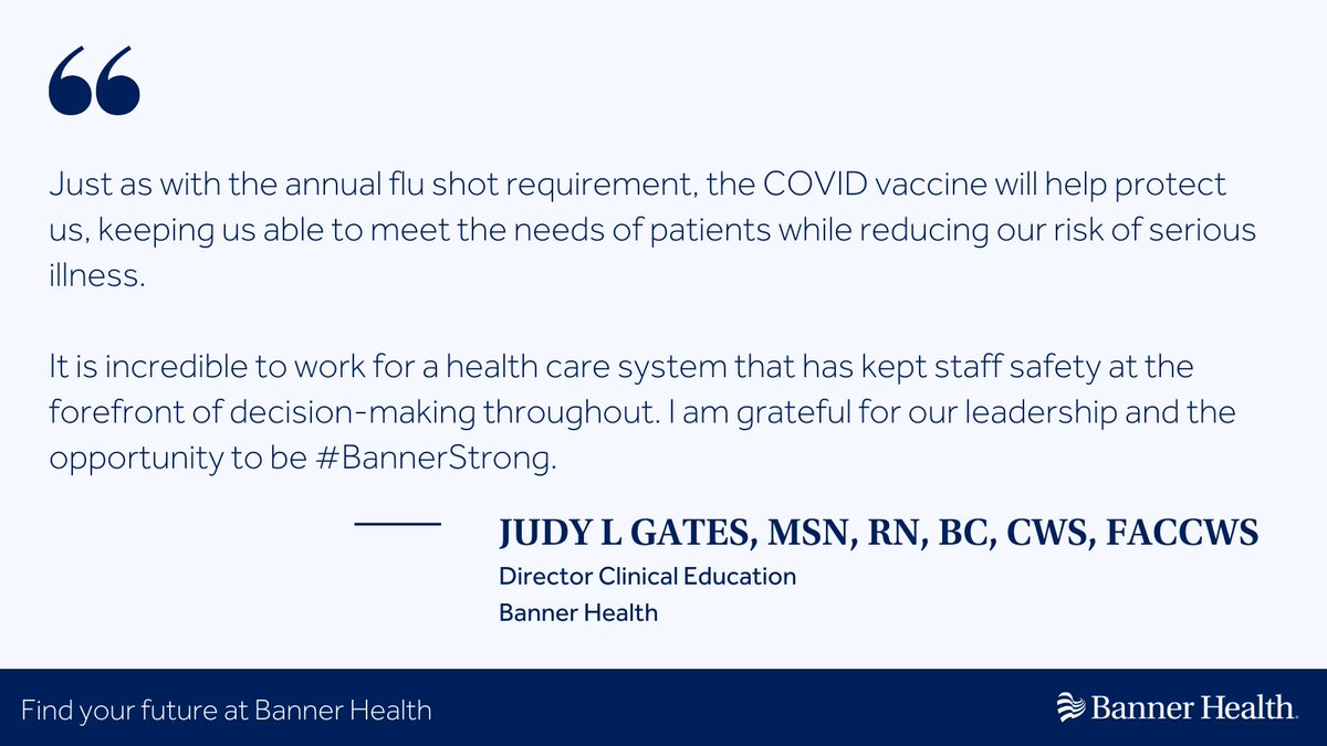 BannerHealth's tweet photo. βIt is incredible to work for a health care system that has kept staff safety at the forefront of decision-making throughout. I am grateful for our leadership and the opportunity to be #BannerStrong."
Interested in a nursing career at Banner? Click here: https://t.co/2cc58Xv8KO https://t.co/sLDeyTqGJ6