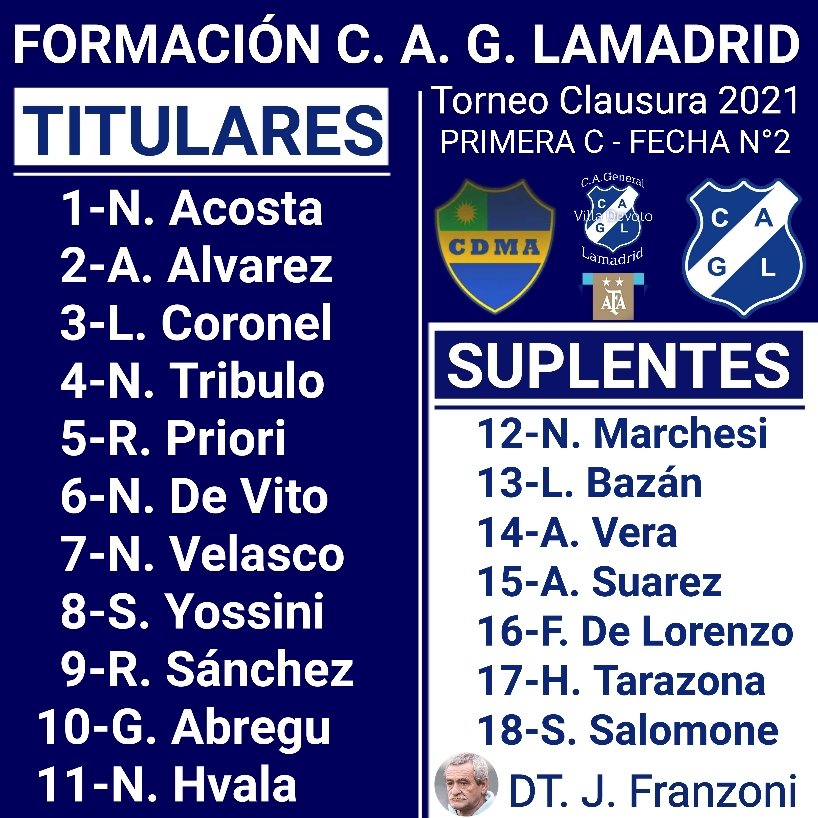 cgrallamadrid's tweet photo. #PRIMERADIVISIÓN
Así formará Lamadrid esta tarde, en su encuentro frente a Leandro N. Alem, por la segunda fecha del Torneo Clausura 2021 de la Primera C.
#formación
#fecha2
#torneoclausura2021
#afa
#primerc
#lamadrid
#villadevoto
#devoto https://t.co/5RVjfewFBT
