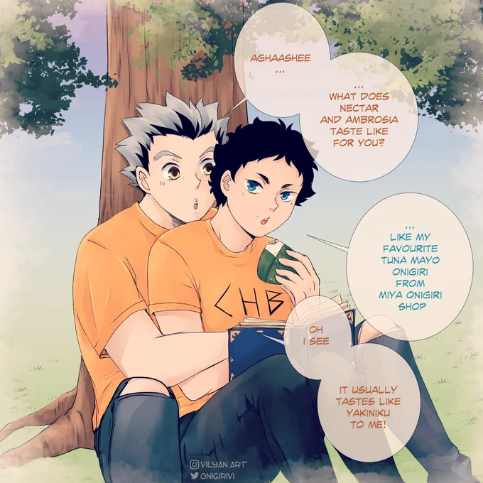 And the last one... HQ x PJO weekend! Day 4- Free time! So here we have bokuaka spending their free time together :3 
Thank you @hqpjoweekend for this cool event 🧡
I love this AU and I will definitely draw some more one day ^^ #hqpjoweekend #haikyuu #BokuAka 