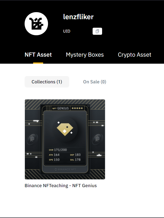 lenzfliker's tweet photo. I might not be a NFT LEGEND but I'm a NFT Genius according to @binance ๐ Thanks for the #NFTeaching reward @TheBinanceNFT #NFTCommunity https://t.co/H8KfViQMOf