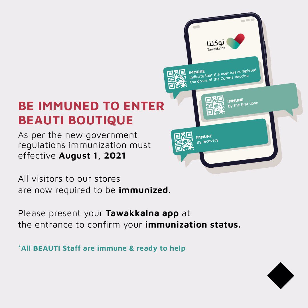 عملائنا الإعزاء,حرصًا منا على سلامتكم وتماشيًا مع آخر توجيهات وزارة الصحة,من تاريخ الأحد 1أغسطس2021م تم إعتماد دخول معرض بيوتي  بجدة فقط للفئات التالية:( محصن أكمل الجرعات,محصن جرعة أولى,محصن متعافي)الرجاء إبراز الحالة في تطبيق توكلنا عند الدخول.
#وزارة_الصحة #محصن #غير_المحصنين